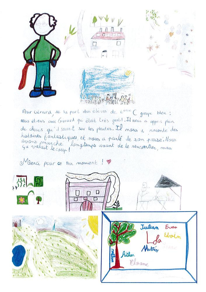 Lettre illustrée des élèves du collège Charles Brochen envoyée aux résidents de l’EHPAD Les Magnolias suite à leur première rencontre au Domaine de la Roche-Jagu